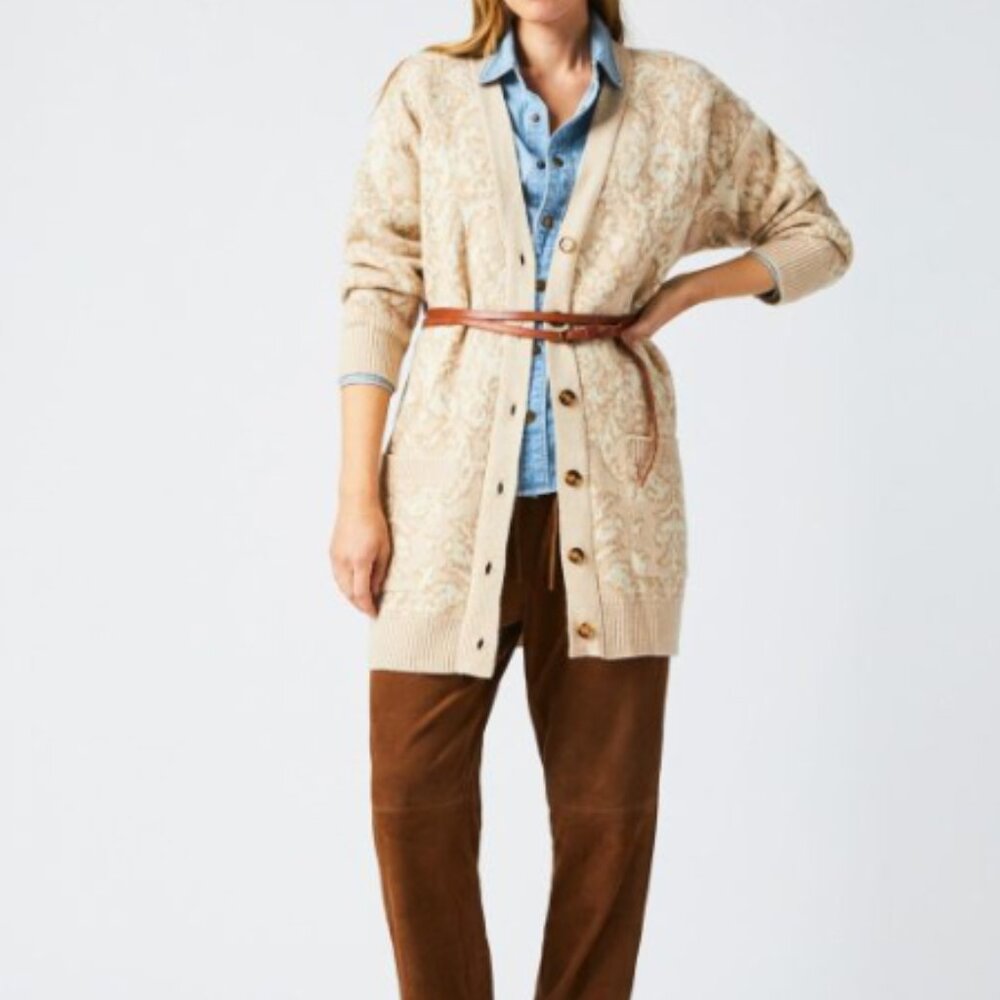 Billy Reid Longline Jacquard Cardigan L Tan Merino Wool NWT
